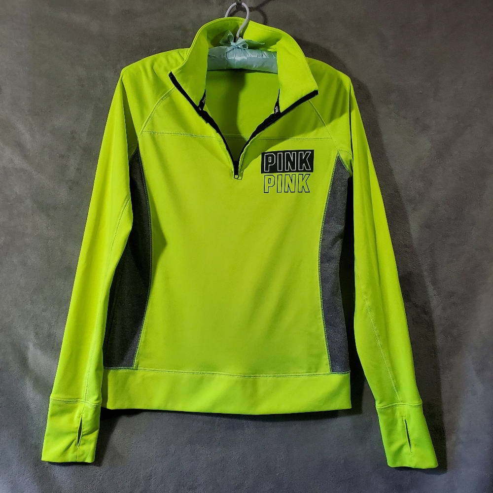 Pink Victorias Secret Ultimate Running Quarter Zip Pullover Safety Green…